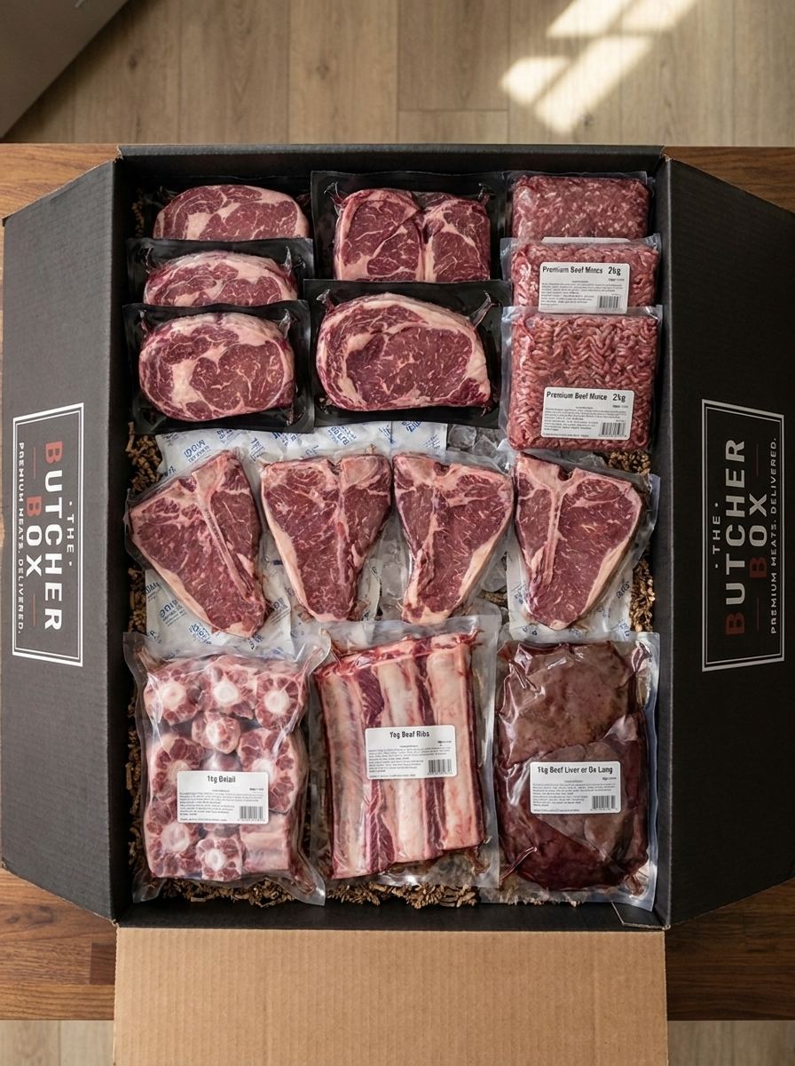 THE BUTCHER BOX product delivery — vacuum-sealed steaks, mince and burgers