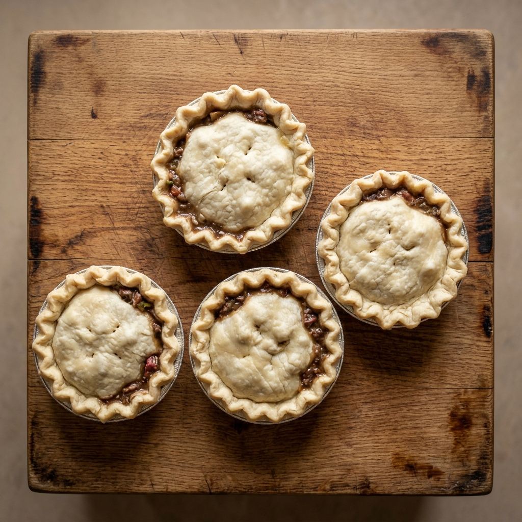 A four-pack of chunky steak butcher pies — hand-made and frozen for you